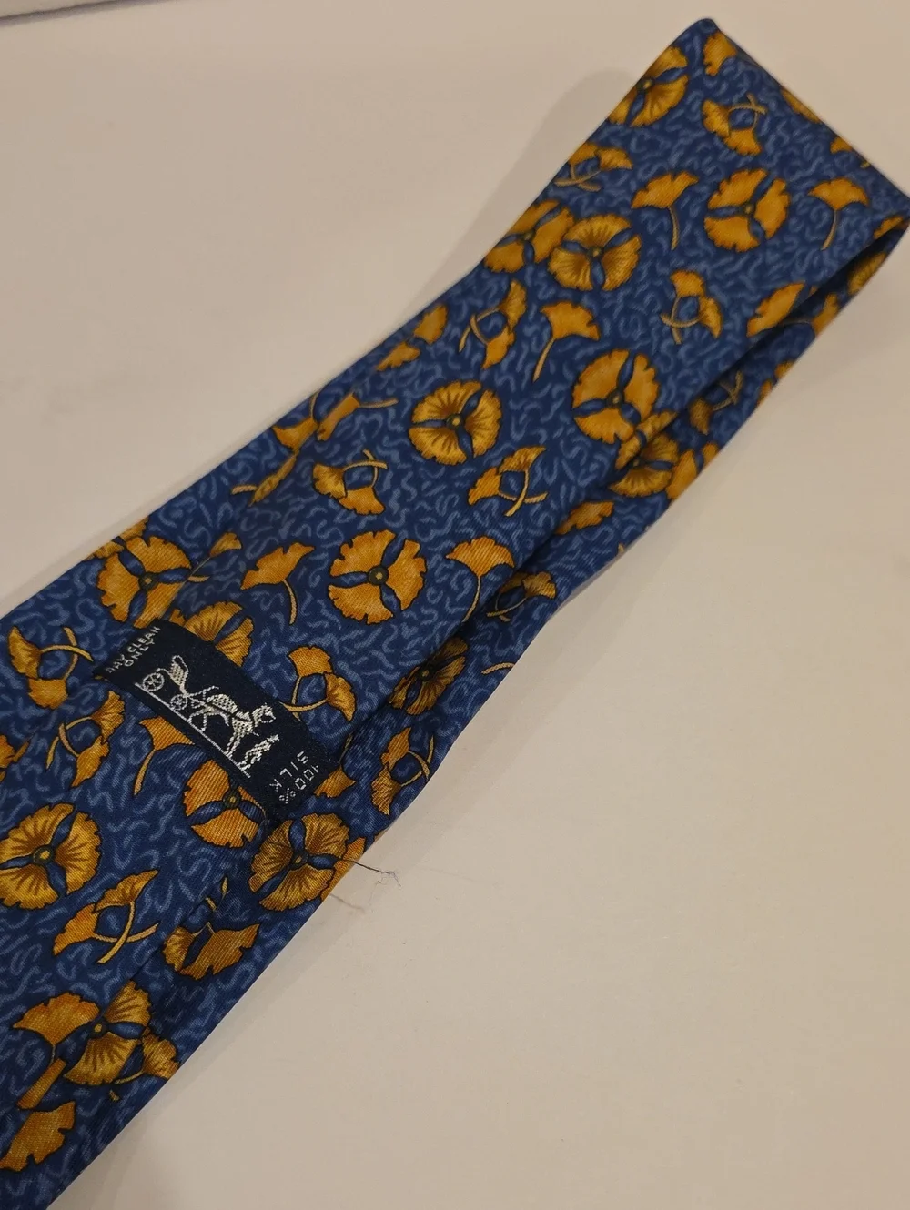 Hermes Flower Tie Silk Made In France Gold And Navy Blue Floral Pattern Authenti